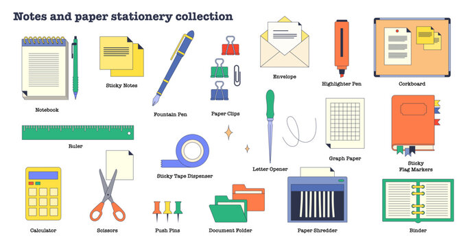 Notes and office paper stationery elements in neubrutalism collection set, transparent background.Labeled elements with office tools and materials for study or work illustration.