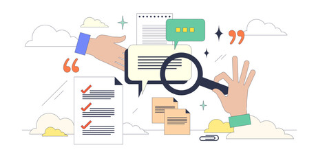 Qualitative content analysis for research tiny person neubrutalism concept, transparent background. Information analytic with interpreting topic, analyze context and learning context illustration.
