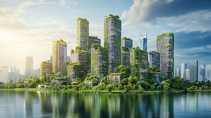 Fototapeta premium Modern eco-friendly city with skyscrapers covered in greenery.
