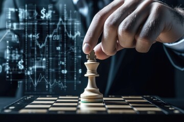 Crop-view of a businessmanâ€™s hand positioning a chess piece on a board, symbolizing business strategy. The dark background features digital screens displaying complex data, with subtle dollar signs