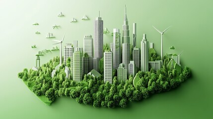 Fototapeta premium A 3D illustration of a green city with wind turbines and trees.