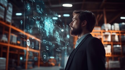 Businessman engaging with a virtual interface of Shipping symbols (Ship sign , map , warehouse , pin icon , digital globe) , surrounded by equipment and digital screens displaying complex data,