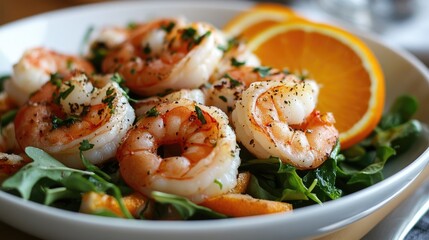 Shrimp salad with orange slices. This photo is perfect for a blog about healthy eating or a recipe for a shrimp salad.