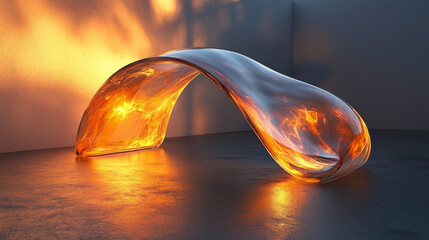 Obraz premium A curved glass sculpture with fiery orange and yellow liquid trapped inside.