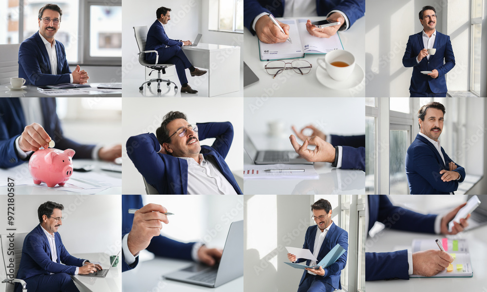 Poster a business professional is seen performing multiple tasks in a bright and modern office environment.