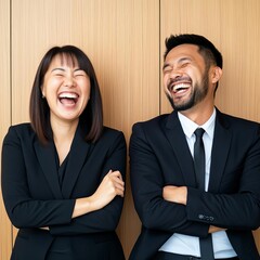 Two businesspeople laughing after a tense negotiation, negotiation influence, relief after tension