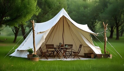 Serene outdoor camping setup with a tent, chairs, and tables, enhanced by flowing white gauze draped on wooden poles amidst lush green lawn