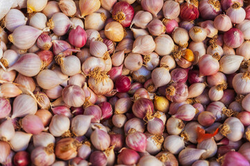 Pink white onions texture on counter close up