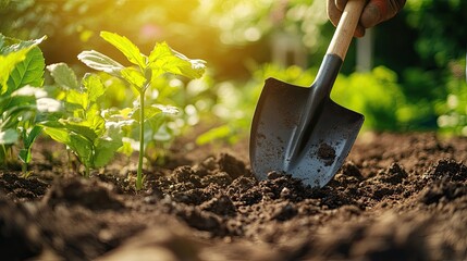 A shovel is placed in the soil with plants growing. This photo can be used for articles about gardening or farming, or for illustrating the importance of nature.