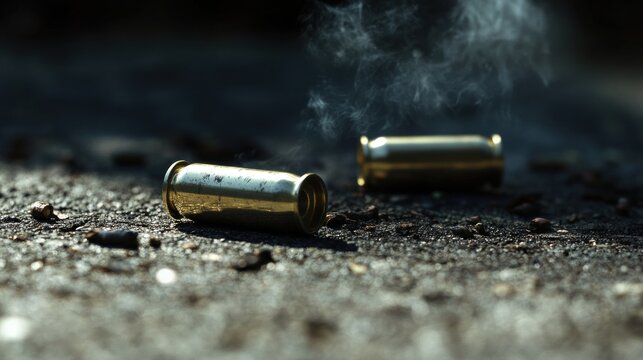 Two spent bullet casings on a surface, with smoke rising from one.