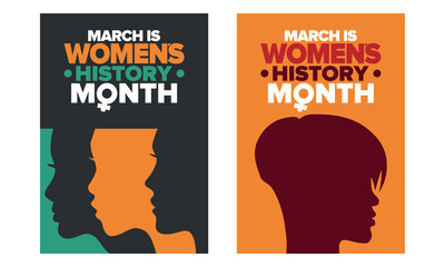 Women's History Month. Celebrated annual in March, to mark women’s contribution to history. Female symbol. Women's rights. Girl power in world. Poster, postcard, banner. Vector illustration