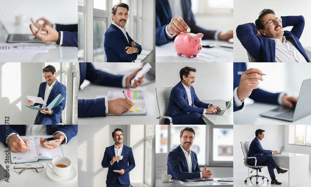 Poster a business professional is seen participating in multiple office tasks, showcasing his skills and de