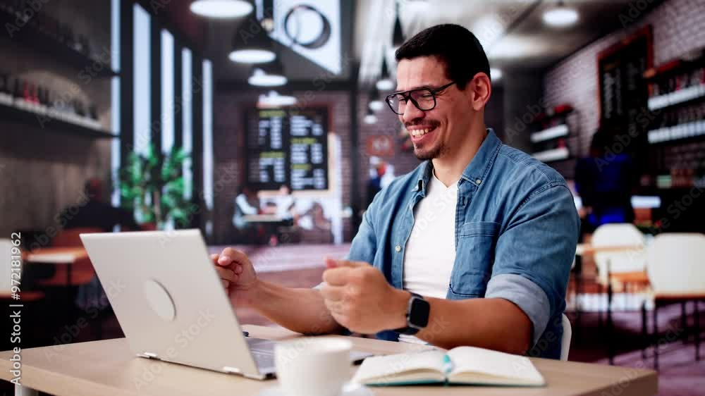 Poster excited business analyst using laptop computer