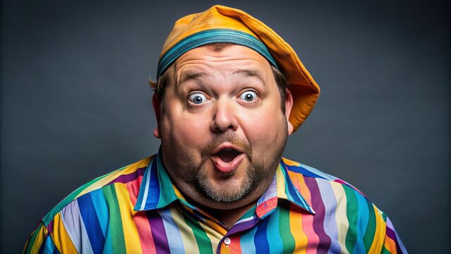 The rotund individual proudly sports a bright pink jumpsuit, oversized sunglasses, and a ruffled collar, contorting his