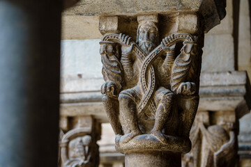 Romanesque capital, monastery of San Cugat del Vallés cloister, San Cugat del Vallés, Barcelona, ​​Catalonia, Spain