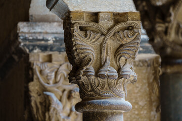 monastery of San Cugat del Vallés cloister, vegetal capital, San Cugat del Vallés, Barcelona, ​​Catalonia, Spain
