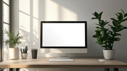 A serene home office setup featuring a blank computer screen, minimalistic decor, and green plants to enhance productivity.