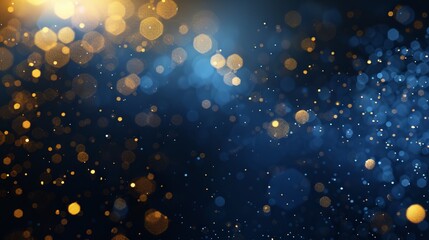 Abstract dark blue and gold particle background with Christmas golden light bokeh, shining particles on navy blue, gold foil texture, festive holiday concept