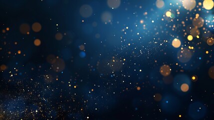 Abstract dark blue and gold particle background with Christmas golden light bokeh, shining particles on navy blue, gold foil texture, festive holiday concept
