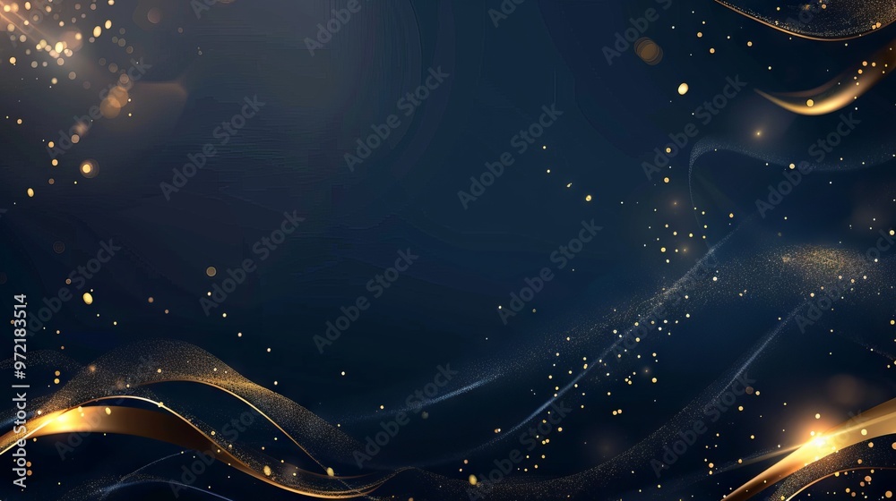 Wall mural elegant abstract background with dark blue and gold particles, christmas golden light bokeh on navy 