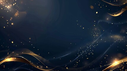 Elegant abstract background with dark blue and gold particles, Christmas golden light bokeh on navy blue, gold foil texture for holiday themes