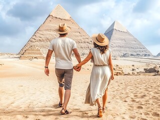Senior Couple of tourists walking in front of the pyramids of Giza in Egypt