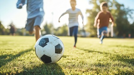 Fototapeta premium Closeup of a soccer ball in a field with three children running toward it in the background.