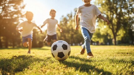 Fototapeta premium Three happy boys playing soccer in a park on a sunny day.