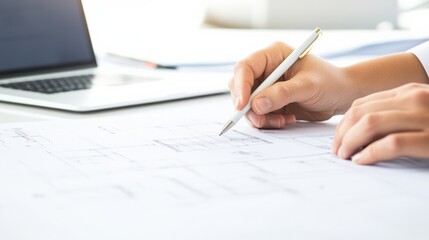 A professional drawing plans with a pen on paper, with a laptop in the background, showcasing architectural design.