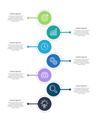 7 steps infographic curve and colorful circle design template. Business presentation, workflow, strategy and planning. Vector illustration.