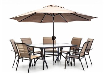 Elegant outdoor dining set with eight chairs and a large umbrella, perfect for gatherings and al fresco dining.