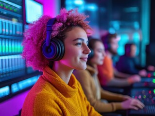 Fototapeta premium A focused woman with curly hair wearing headphones, immersed in music production, surrounded by vibrant colors and technology.