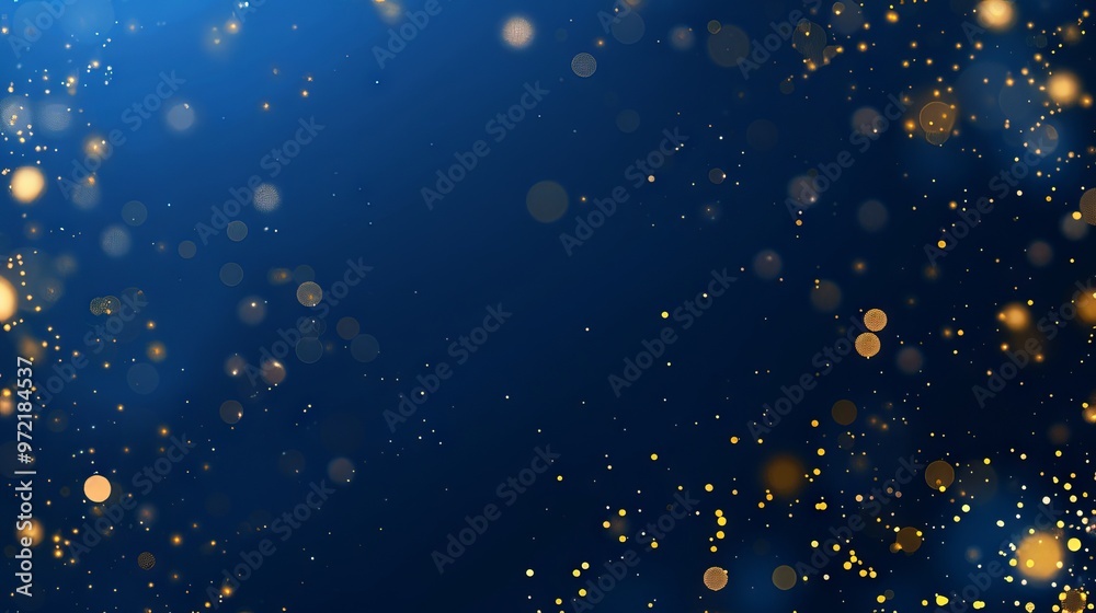 Wall mural abstract dark blue and gold particle background with christmas golden light bokeh, shining particles