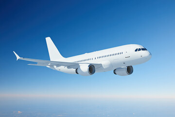 Obraz premium A sleek, modern aircraft soaring through a clear blue sky, symbolizing freedom and adventure in air travel.