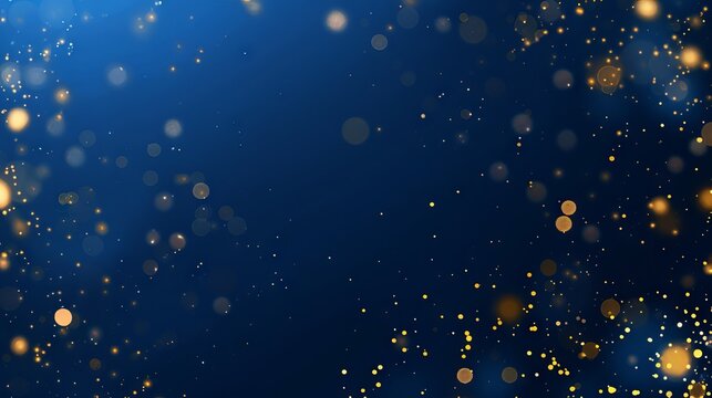 Abstract dark blue and gold particle background with Christmas golden light bokeh, shining particles on navy blue, gold foil texture, festive holiday concept
