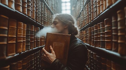 A person carefully blowing dust off the cover of an ancient, forgotten book in a dark, quiet library, shelves filled with old, leather-bound books surrounding them,
