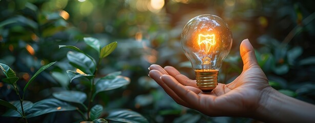 A hand holds a green energy light bulb, symbolizing reduction in global warming through efficient energy use. Clean and brightly lit surroundings.