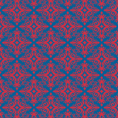 Seamless Batik floral embroidery pattern on a Turquoise background Indian kalamkari Batik motif traditional block print design Ajrakh print Madhu Bani. Used for texture ,fabric ,clothing wrappings etc