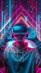 Obraz premium Young man engaged in virtual reality with neon geometric lines and glowing digital elements