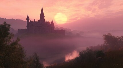 Fototapeta premium A mystical castle at sunset, surrounded by mist and a serene river.