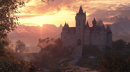 Fototapeta premium A picturesque medieval castle at sunset, surrounded by mountains and lush landscapes.