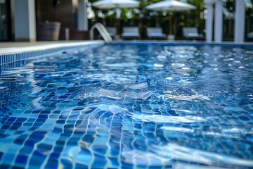 Water in swimming pool background horizontal composition, Close-up structure design of blue water lake, Serene Blue Reflections: Peaceful Water Surface of a Sparkling Swimming Pool
