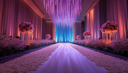 Wedding Ceremony Decoration with Flower Arrangements and Purple Lights