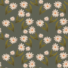 Seamless pattern with white flowers on dark background. Yand drawn illustration. Perfect for packaging, patterns, prints, textile design.
