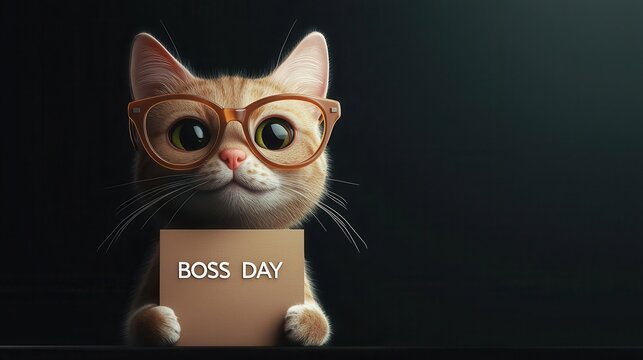 Adorable cat with oversized glasses, receiving a cute Boss Day card, 3D illustration