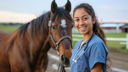Fototapeta premium A veterinarian wearing a blue scrubs uniform smiles while examining a brown horse on a rural farm