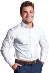 Fototapeta premium Portrait of young businessman smiling standing posing, isolated on white background, png