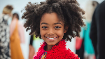 Backstage glimpse at Children's Fashion Week with kids playing and laughing, stylists preparing outfits and accessories 