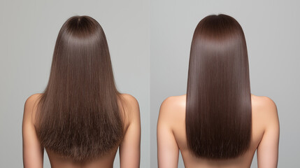 Before and after hair botox treatment, side-by-side comparison showing frizzy versus sleek and shiny hair 