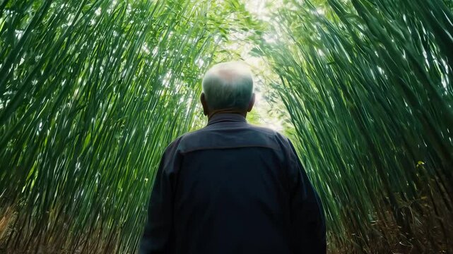 The camera slowly zooms in on an elderly man walking through a serene bamboo forest. The tall stalks sway gently, casting intricate patterns of light and shadow on the ground, creating a tranquil